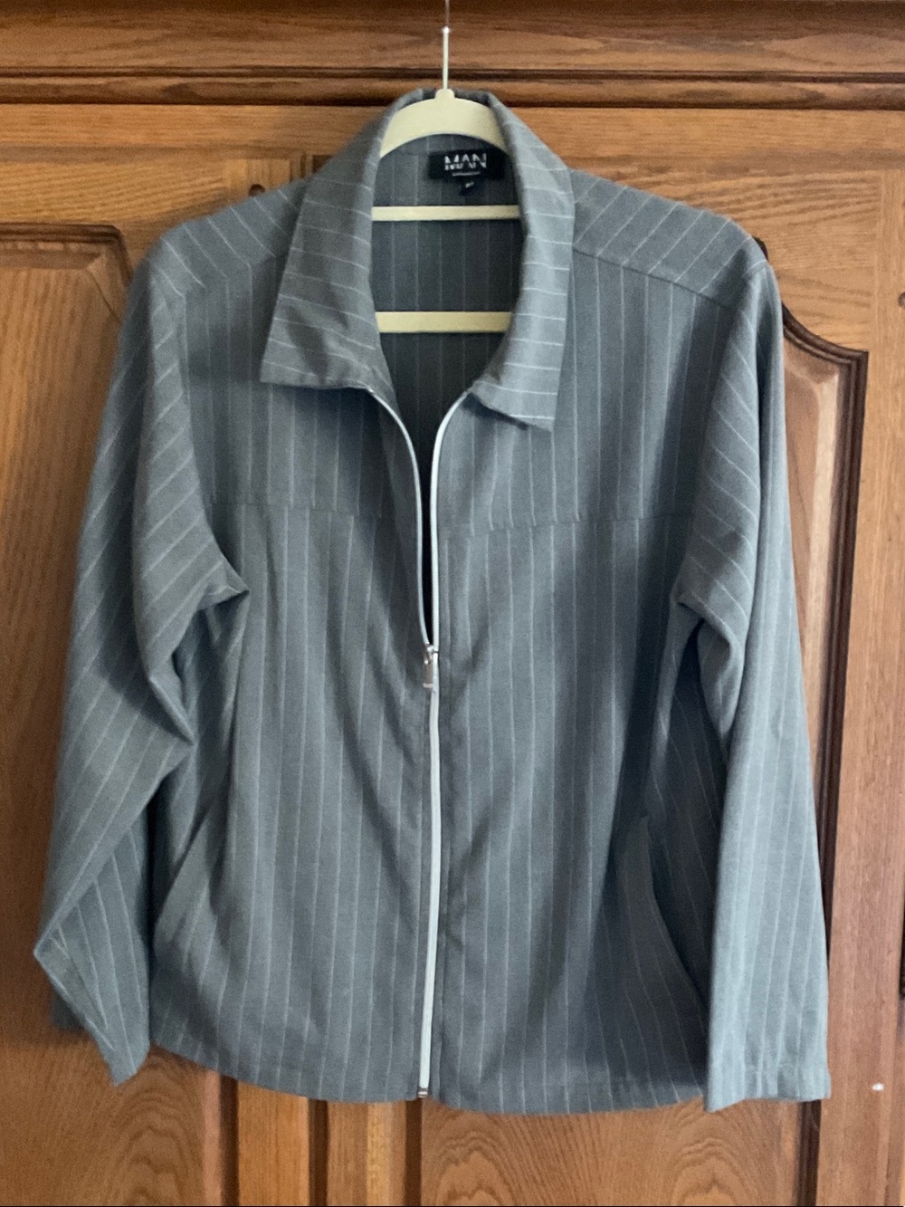 Boohoo Mens Slate Gray Pinstripe Zip Shirt Jacket